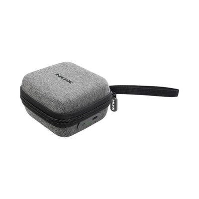 Closed gray NUX C-58RC magnetic charging case with wrist strap, compact enough for any gig bag