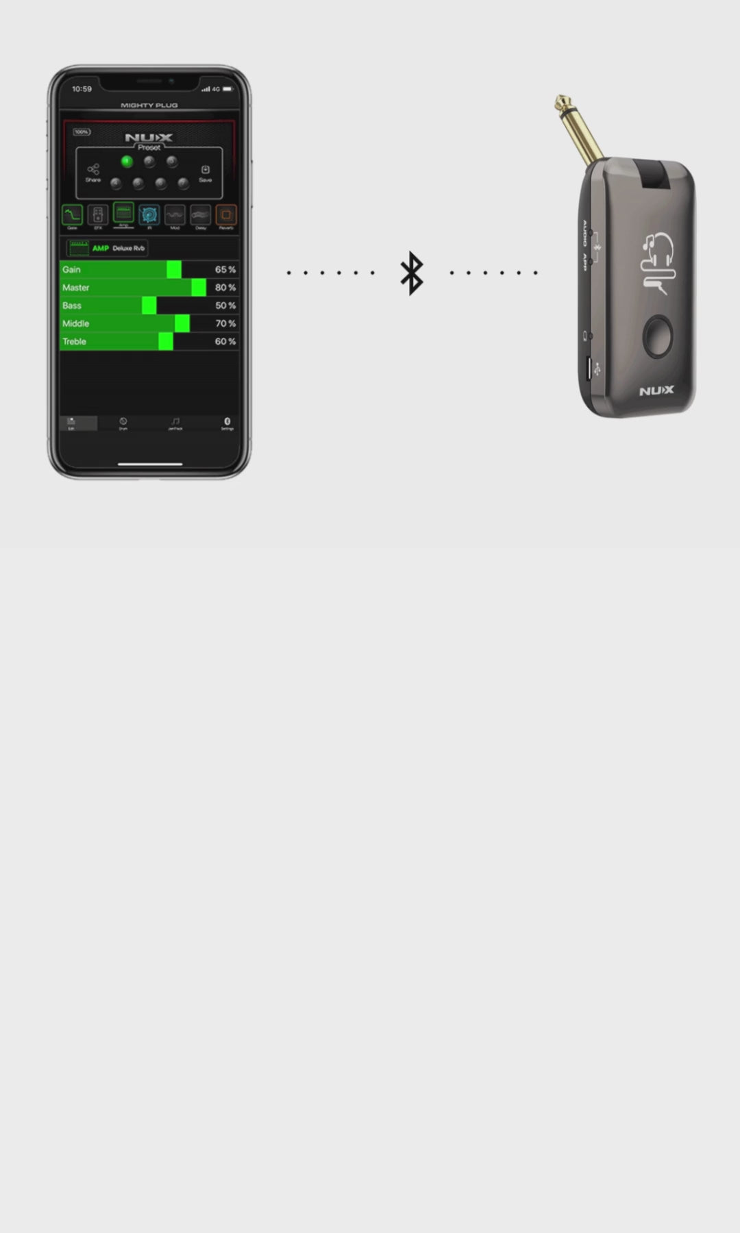 Cargar video: phone with mighty plug interface on screen with bluetooth indicator showing mighty plug connecting to the phone