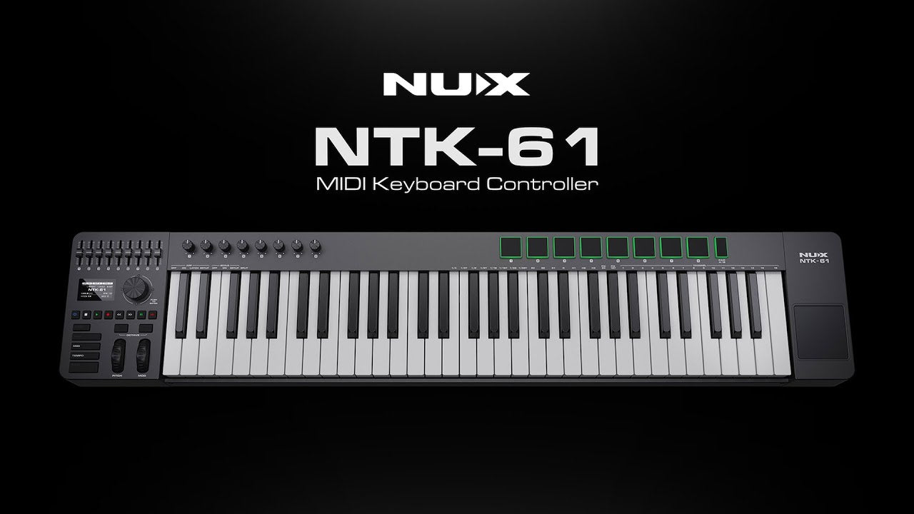 NUX NTK-61 MIDI keyboard controller on a black background