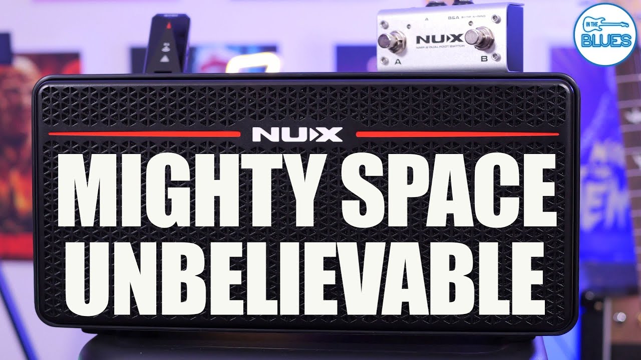 NUX Mighty Space Unbelievable guitar amplifier with text overlay on a blurred background