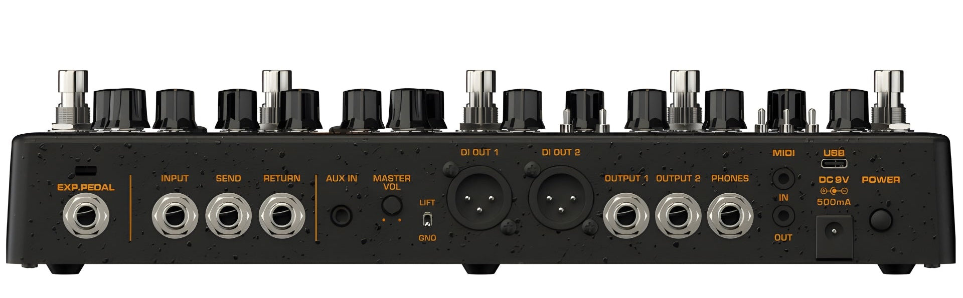 NUX Trident audio mixer with various inputs and outputs on a white background